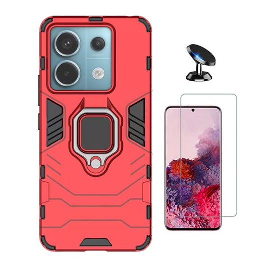 Kit Vidro Temperado Cleargorilasglass + Capa de Proteção Militar Magnética + Suporte Magnético Gift4Me Para Xiaomi Redmi Note 13 - Vermelho