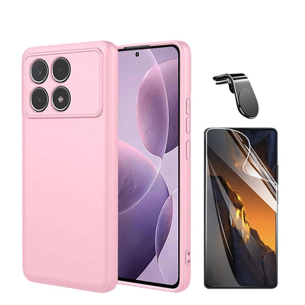 Kit Película Protectora de Hydrogel Frente + Capa Proteção Traseira Silicone + Suporte Magnético L GIFT4ME Compativel Com Xiaomi Poco F6 Pro - Rosa