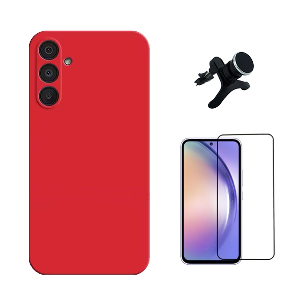 Kit Película de Vidro Temperado Gorilasglass + Capa Proteção Silicone + Suporte Reforçado de Carro Gift4Me Para Samsung Galaxy A36 5G - Vermelha