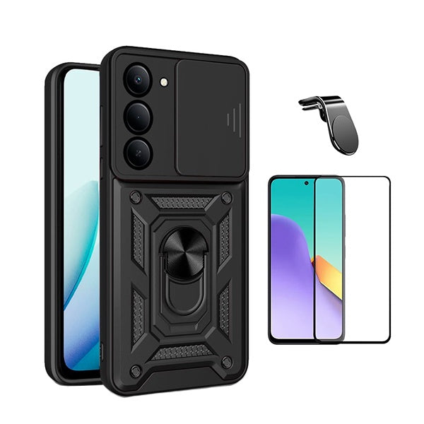 Kit Película de Vidro Temperado Gorilasglass + Capa de Proteção Militar Magnética Janela + Suporte de Carro Magnético L GIFT4ME Para Xiaomi Redmi 15 4G - Preto