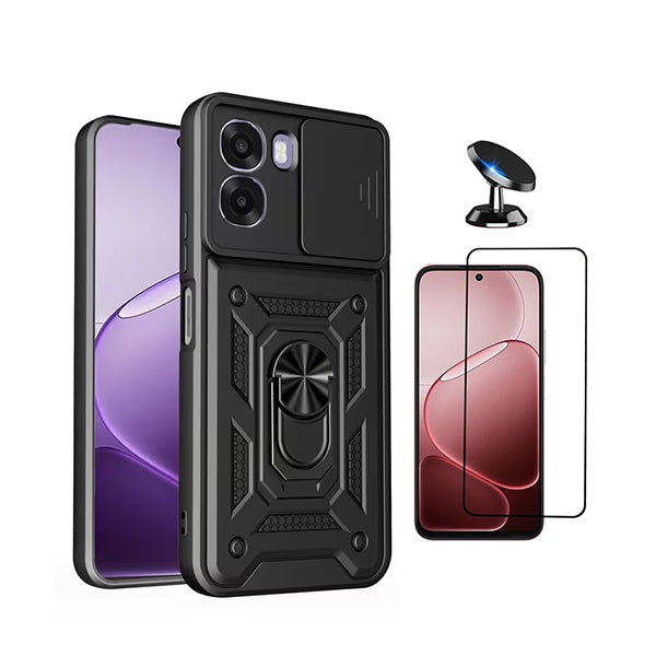 Kit Película de Vidro Temperado Gorilasglass + Capa de Proteção Militar Magnética Janela + Suporte Magnético GIFT4ME Para Oppo A6x - Preto