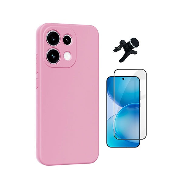 Kit Película de Vidro Temperado Gorilasglass + Capa Proteção Silicone + Suporte Reforçado de Carro GIFT4ME Para Oppo Reno16 F 5G - Rosa