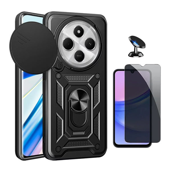 Kit Película de Vidro Temperado Privacidade + Capa de Proteção Militar Magnética Janela + Suporte Magnético Gift4Me Para Xiaomi Redmi 14C 5G - Preto