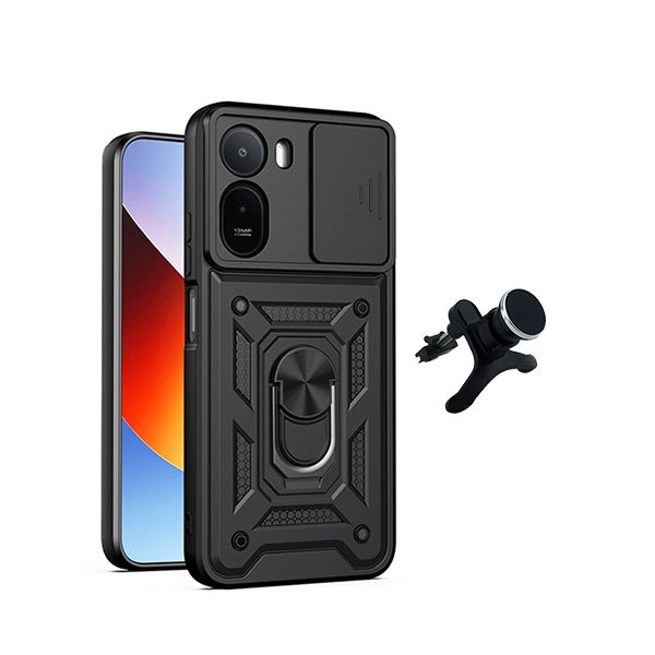 Kit Suporte Magnético Com Pernas + Capa de Proteção Militar Magnética Janela Deslizante GIFT4ME Para Xiaomi Redmi A7 Pro 4G - Preto