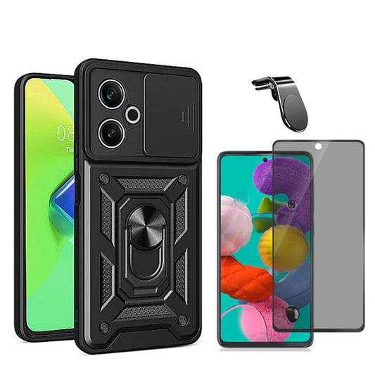 Kit Película de Vidro Temperado Privacidade + Capa de Proteção Militar Magnética Janela + Suporte de Carro Magnético L GIFT4ME Compativel Com Xiaomi Redmi 13 5G - Preto