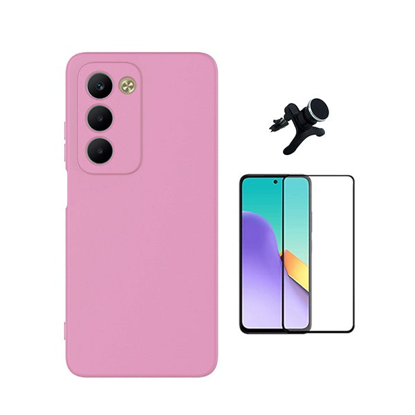 Kit Película de Vidro Temperado Gorilasglass + Capa Proteção Silicone + Suporte Reforçado de Carro GIFT4ME Para Xiaomi Redmi 15 - Rosa