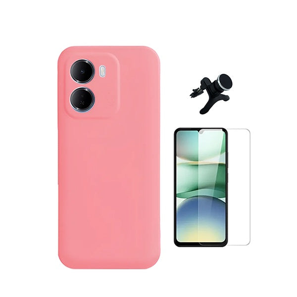 Kit Vidro Temperado Cleargorilasglass + Capa Proteção Silicone +  Suporte Reforçado de Carro GIFT4ME Para Xiaomi Redmi 15a 5G - Rosa