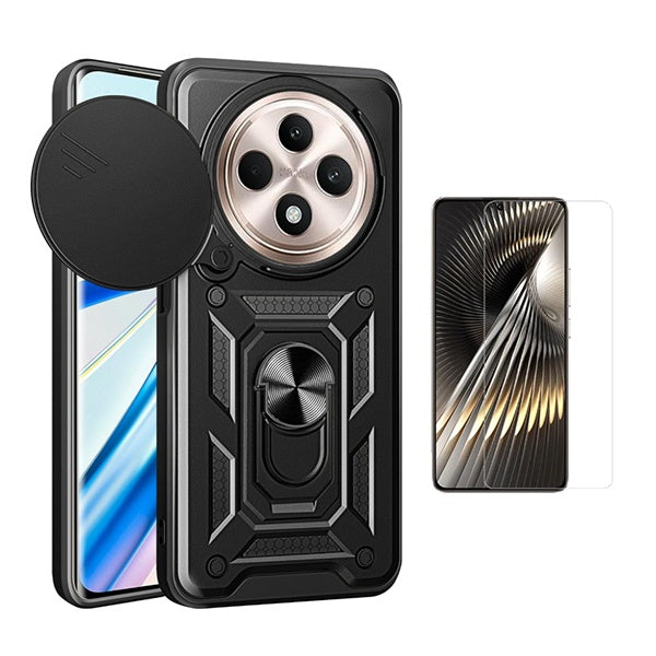 Kit Vidro Temperado Cleargorilasglass + Capa de Proteção Militar Magnética Janela Gift4Me Para Oppo Reno12 F 5G - Preto