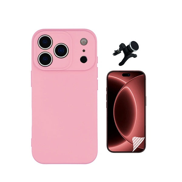 Kit Película Protectora de Hydrogel Frente + Capa Proteção Silicone + Suporte Reforçado de Carro GIFT4ME Para Apple iPhone 18 Pro - Rosa