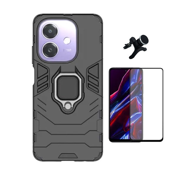 Kit Película de Vidro Temperado Gorilasglass + Capa de Proteção Militar Magnética + Suporte Magnético Com Pernas GIFT4ME Para Oppo A3 4G - Preto