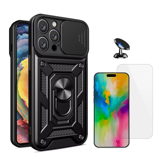 Kit Vidro Temperado Cleargorilasglass + Capa de Proteção Militar Magnética Janela + Suporte Magnético GIFT4ME Compativel Com Apple iPhone 16 Pro - Preto