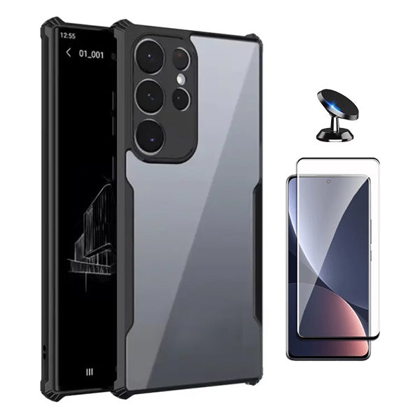 Kit Capa Traseira Fumê Rígida + Película de Vidro Temperado Gorilasglass GIFT4ME Para Samsung Galaxy S22 Ultra 5G - Transparente/Preto