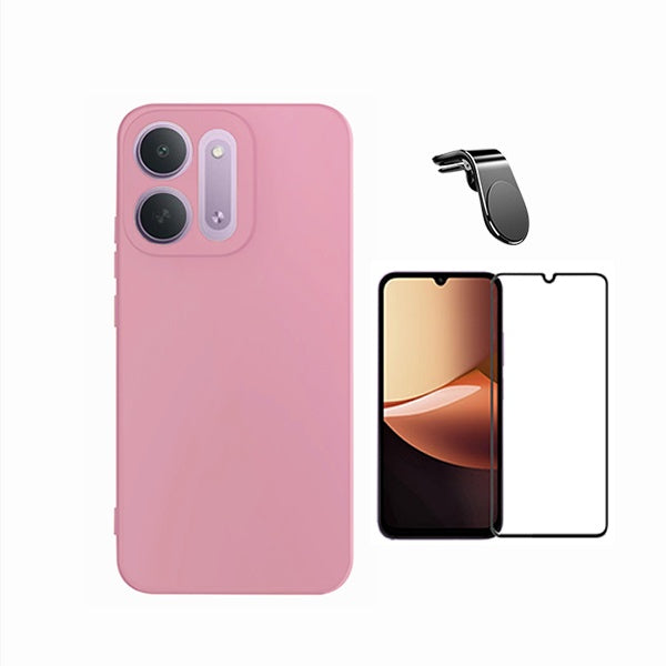 Kit Película de Vidro Temperado Gorilasglass + Capa Proteção Silicone + Suporte Magnético L GIFT4ME Para Xiaomi Redmi 17C 5G - Rosa