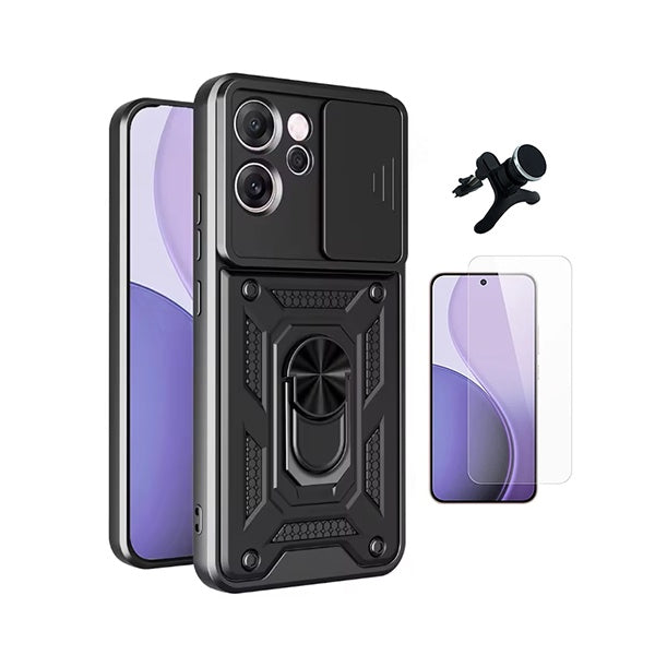 Kit Vidro Temperado Cleargorilasglass + Capa de Proteção Militar Magnética Janela + Suporte Magnético Com Pernas  GIFT4ME Para Oppo Reno14 F 5G - Preto
