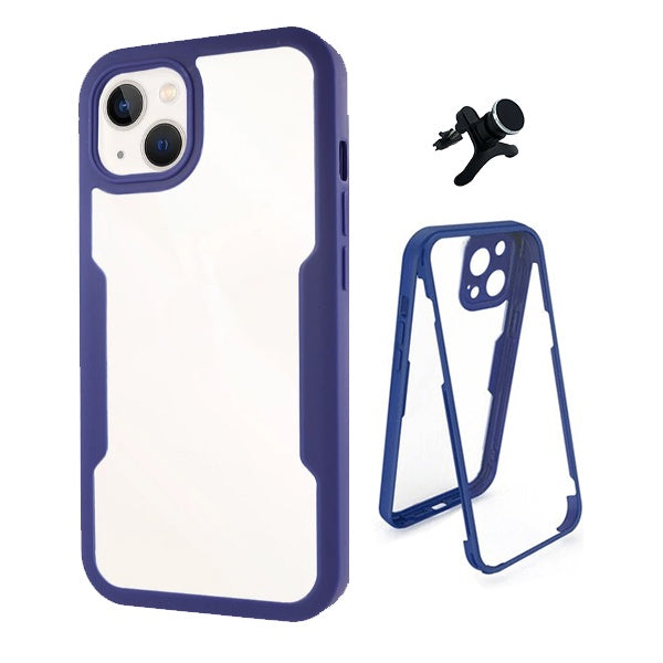 Kit Capa 360° Proteção Frente e Verso + Suporte Magnético Com Pernas Gift4Me Para Apple iPhone 13 Mini - Azul Escuro
