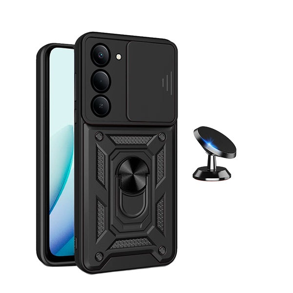 Kit Suporte Magnético + Capa de Proteção Militar Magnética Janela Deslizante GIFT4ME Para Xiaomi Redmi 15 4G - Preto