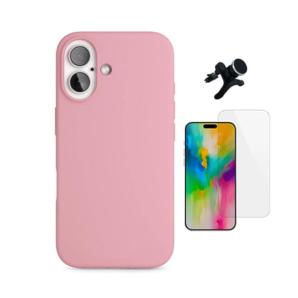 Kit Vidro Temperado Cleargorilasglass + Capa Proteção Silicone +  Suporte Reforçado de Carro GIFT4ME Para Apple iPhone 17 - Rosa
