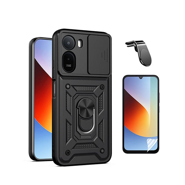 Kit Película Protectora de Hydrogel Frente + Capa de Proteção Militar Magnética Janela + Suporte de Carro Magnético L GIFT4ME Para Xiaomi Redmi A7 Pro 4G - Preto
