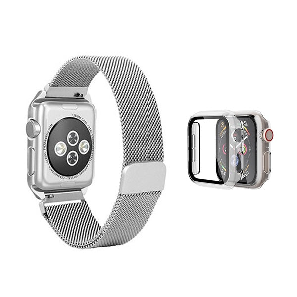 Kit Bracelete Milanese Com Fecho Magnético + Capa de Proteção + Vidro para Apple Watch Series 11 - 46mm - Cinza / Transparente