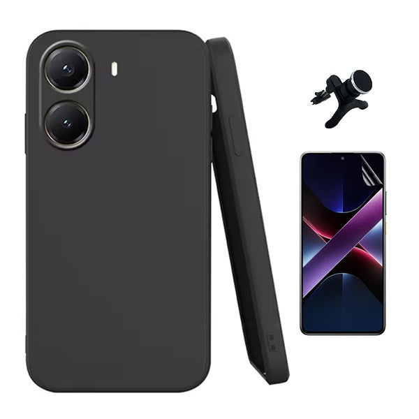 Kit Película Protectora de Hydrogel Frente + Capa Proteção Silicone + Suporte Reforçado de Carro Gift4Me Para Xiaomi Poco X7 Pro - Preto