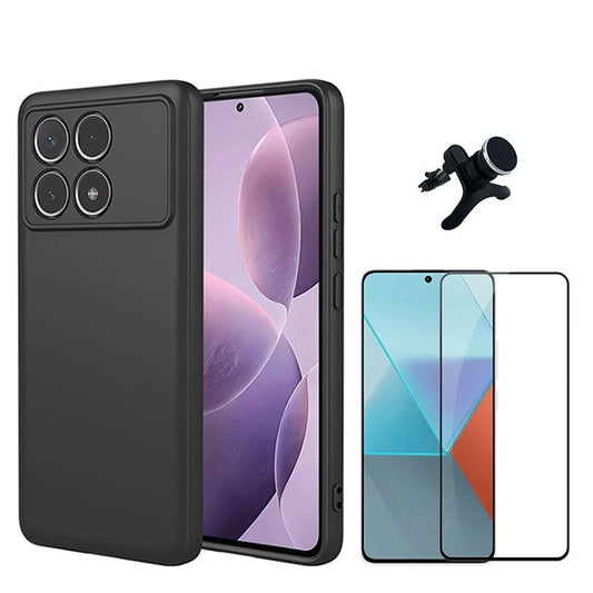 Kit Película de Vidro Temperado Gorilasglass + Capa Proteção Traseira Silicone + Suporte Reforçado de Carro GIFT4ME Compativel Com Xiaomi Poco F6 Pro - Preto