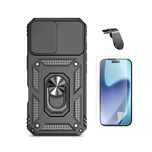 Kit Película Protectora de Hydrogel Frente + Capa de Proteção Militar Magnética Janela + Suporte de Carro Magnético L GIFT4ME Para Apple iPhone 17 - Preto