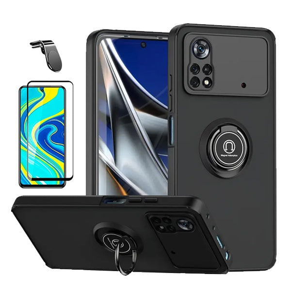 Kit Capa Anti-Impacto Clear com Anel + Vidro Temperado Gorilaglass + Suporte Magnético L GIFT4ME Para Xiaomi Poco X4 Pro 5G - Transparente/Preto