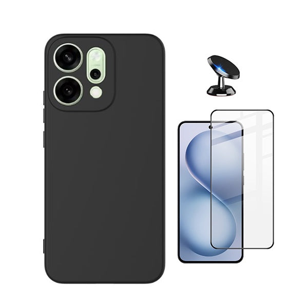 Kit Película de Vidro Temperado Gorilasglass Curvado + Capa Proteção Silicone + Suporte Magnético GIFT4ME Para Oppo Reno14 - Preto