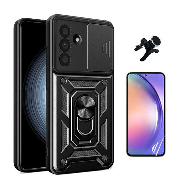 Kit Película Protectora de Hydrogel Frente + Capa de Proteção Militar Magnética Janela + Suporte Magnético Com Pernas  GIFT4ME Para Samsung Galaxy A56 5G - Preto