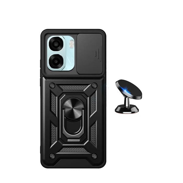 Kit Suporte Magnético + Capa de Proteção Militar Magnética Janela Deslizante GIFT4ME Para Oppo A6 - Preto