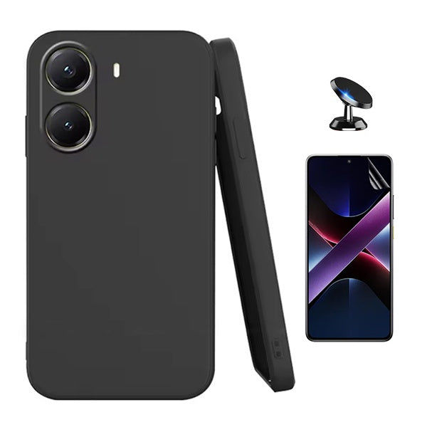 Kit Película Protectora de Hydrogel Frente + Capa Proteção Silicone + Suporte Magnético Gift4Me Para Xiaomi Poco X7 Pro - Preto