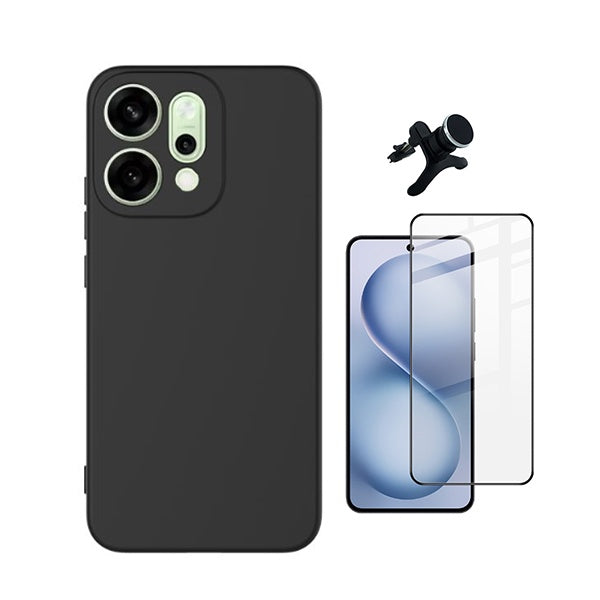 Kit Película de Vidro Temperado Gorilasglass Curvado + Capa Proteção Silicone + Suporte Reforçado de Carro GIFT4ME Para Oppo Reno14 - Preto