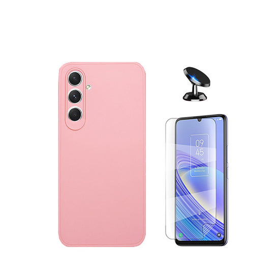 Kit Película ProtectOra de Hydrogel Frente + Capa Proteção Traseira Silicone + Suporte Magnético GIFT4ME para Samsung Galaxy M15 - Rosa