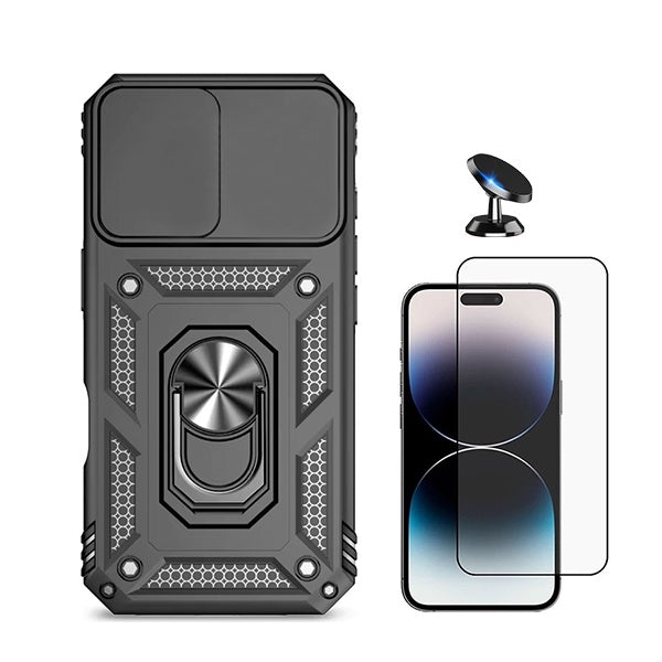 Kit Película de Vidro Temperado Gorilasglass + Capa de Proteção Militar Magnética Janela + Suporte Magnético GIFT4ME Compativel Com Apple iPhone 16 - Preto