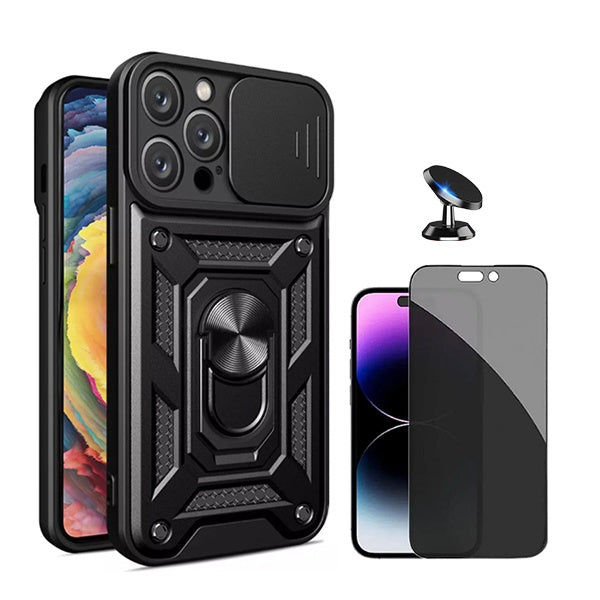 Kit Película de Vidro Temperado Privacidade + Capa de Proteção Militar Magnética Janela + Suporte Magnético GIFT4ME Compativel Com Apple iPhone 16 Pro - Preto