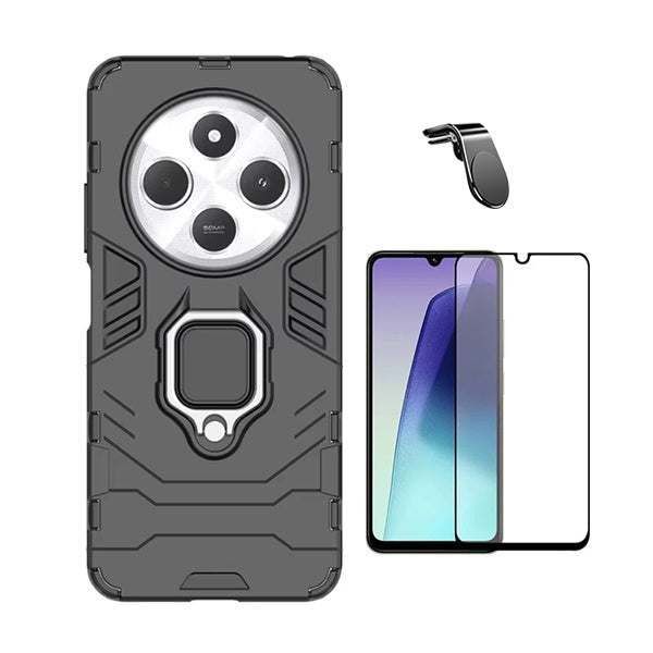 Kit Película de Vidro Temperado Gorilasglass + Capa de Proteção Militar Magnética + Suporte de Carro Magnético L Gift4Me Para Xiaomi Redmi 14C - Preto