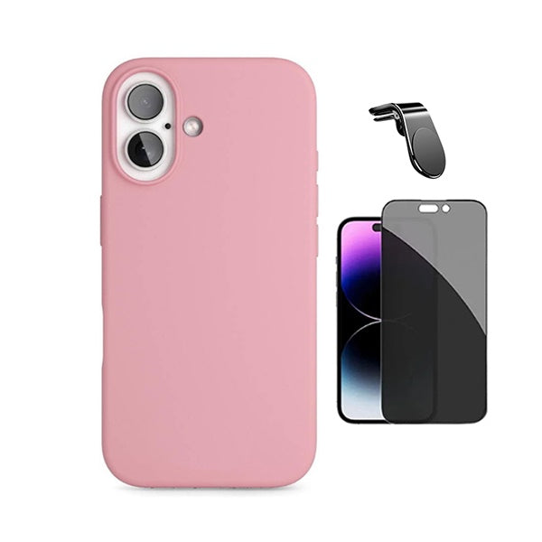 Kit Película de Vidro Temperado Privacidade + Capa Proteção Silicone + Suporte Magnético L GIFT4ME Para Apple iPhone 17 - Rosa