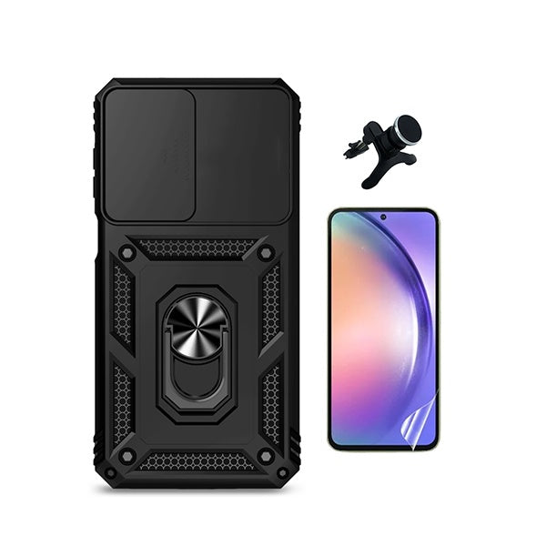 Kit Película Protectora de Hydrogel Frente + Capa de Proteção Militar Magnética Janela + Suporte Magnético Com Pernas  GIFT4ME Para Samsung Galaxy A27 5G - Preto