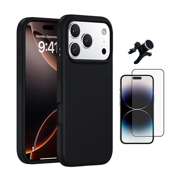 Kit Película de Vidro Temperado Gorilasglass + Capa Proteção Silicone + Suporte Reforçado de Carro GIFT4ME Para Apple iPhone 17 Pro Max - Preto