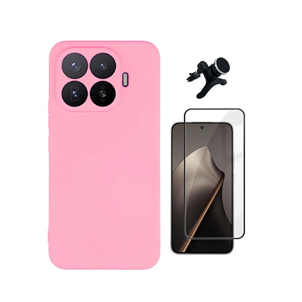 Kit Película de Vidro Temperado Gorilasglass + Capa Proteção Silicone + Suporte Reforçado de Carro GIFT4ME Para Xiaomi 17T 5G - Rosa