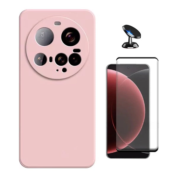Kit Película de Vidro Temperado Gorilasglass Curvado + Capa Proteção Silicone + Suporte Magnético GIFT4ME Para Xiaomi 15 Ultra - Rosa