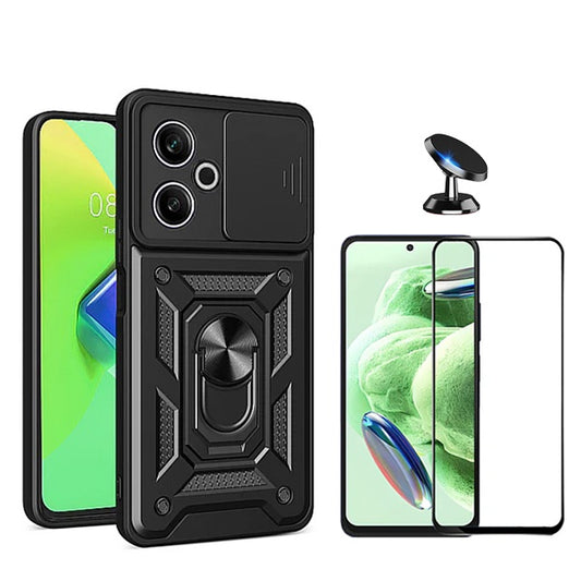 Kit Película de Vidro Temperado Gorilasglass + Capa de Proteção Militar Magnética Janela + Suporte Magnético GIFT4ME Compativel Com Xiaomi Redmi 13 5G - Preto