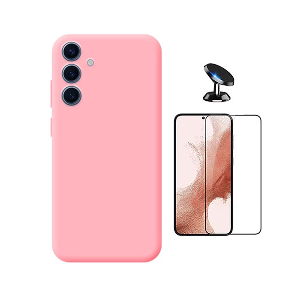 Kit Película de Vidro Temperado Gorilasglass + Capa Proteção Silicone + Suporte Magnético GIFT4ME Para Samsung Galaxy S25 FE 5G - Rosa