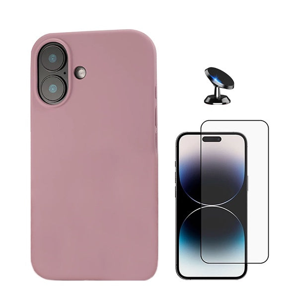 Kit Película de Vidro Temperado Gorilasglass + Capa Proteção Traseira Silicone + Suporte Magnético GIFT4ME Compativel Com Apple iPhone 16 - Rosa