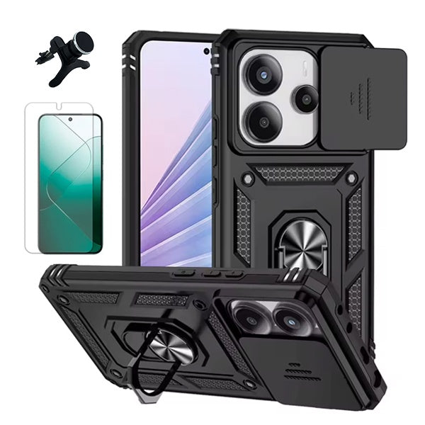 Kit Película Protectora de Hydrogel Frente + Capa de Proteção Militar Magnética Janela + Suporte Magnético Com Pernas  Gift4Me Para Xiaomi Redmi Note 14 5G - Preto