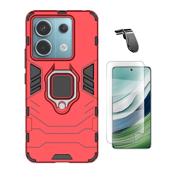 Kit Película Protectora de Hydrogel Frente + Capa de Proteção Militar Magnética + Suporte de Carro Magnético L Gift4Me Para Xiaomi Redmi Note 13 - Vermelho