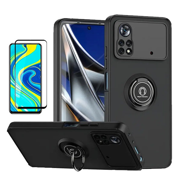 Kit Capa Anti-Impacto Clear com Anel + Vidro Temperado Gorilaglass GIFT4ME Para Xiaomi Poco X4 Pro 5G - Transparente/Preto
