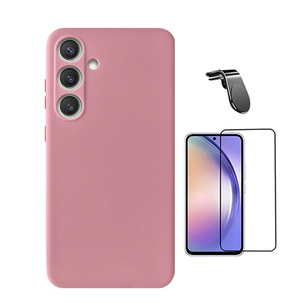 Kit Película de Vidro Temperado Gorilasglass + Capa Proteção Silicone + Suporte Magnético L Gift4Me Para Samsung Galaxy A36 5G - Rosa