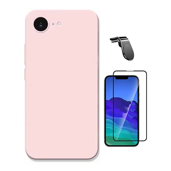 Kit Película de Vidro Temperado Gorilasglass + Capa Proteção Silicone + Suporte Magnético L GIFT4ME Para Apple iPhone 17e - Rosa