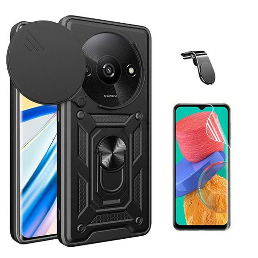 Kit Película ProtectOra de Hydrogel Frente + Capa de Proteção Militar Magnética Janela Deslizante + Suporte Magnético L GIFT4ME para Xiaomi Redmi A3 - Preto